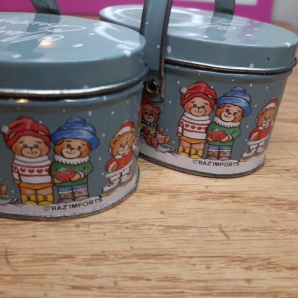 Pair VTG RAZ Imports Merry Christmas Mini Anthropomorphic Bear Tins w/ Handle - Picture 6 of 10